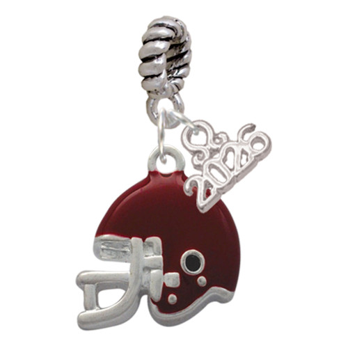 Silver Plated Small Maroon Football Helmet - Silver Plated Twist Rope Bead Charm Dangle with Mini Year 2026: Year to Remember Jewelry Gift - Celebrations