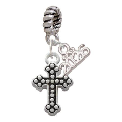 Silver Plated Small Botonee Cross with Beaded Decoration - Silver Plated Twist Rope Bead Charm Dangle with Mini Year 2026: Year to Remember Jewelry Gift - Celebrations