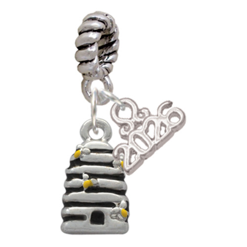 Silver Plated Small Beehive with 4 Bees - Silver Plated Twist Rope Bead Charm Dangle with Mini Year 2026: Year to Remember Jewelry Gift - Celebrations