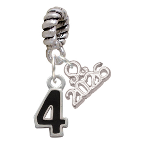 Silver Plated Black Number - 4 - Silver Plated Twist Rope Bead Charm Dangle with Mini Year 2026: Year to Remember Jewelry Gift - Celebrations