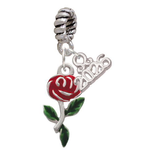 Silver Plated Red Rose Flower - Silver Plated Twist Rope Bead Charm Dangle with Mini Year 2026: Year to Remember Jewelry Gift - Celebrations