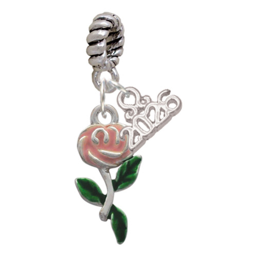 Silver Plated Pink Rose Flower - Silver Plated Twist Rope Bead Charm Dangle with Mini Year 2026: Year to Remember Jewelry Gift - Celebrations