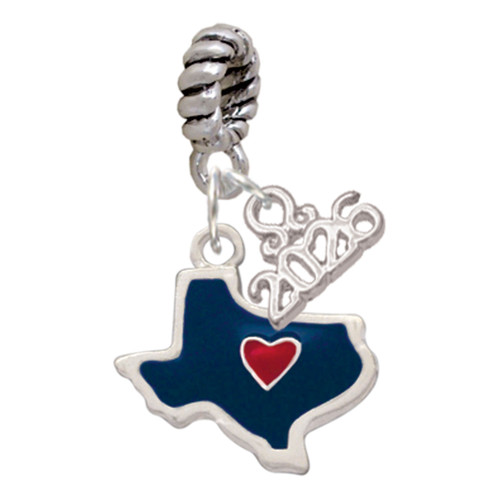 Silver Plated Blue Texas with Red Heart - Silver Plated Twist Rope Bead Charm Dangle with Mini Year 2026: Year to Remember Jewelry Gift - Celebrations