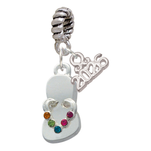 Silver Plated Multicolored Crystal Flip Flop - Silver Plated Twist Rope Bead Charm Dangle with Mini Year 2026: Year to Remember Jewelry Gift - Celebrations