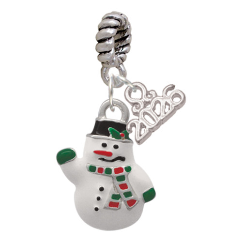 Silver Plated White Enamel Snowman - Silver Plated Twist Rope Bead Charm Dangle with Mini Year 2026: Year to Remember Jewelry Gift - Celebrations