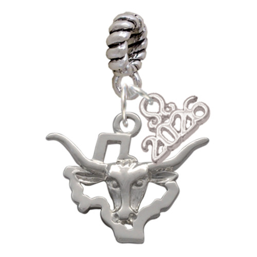 Silver Plated Longhorn - Texas - Silver Plated Twist Rope Bead Charm Dangle with Mini Year 2026: Year to Remember Jewelry Gift - Celebrations