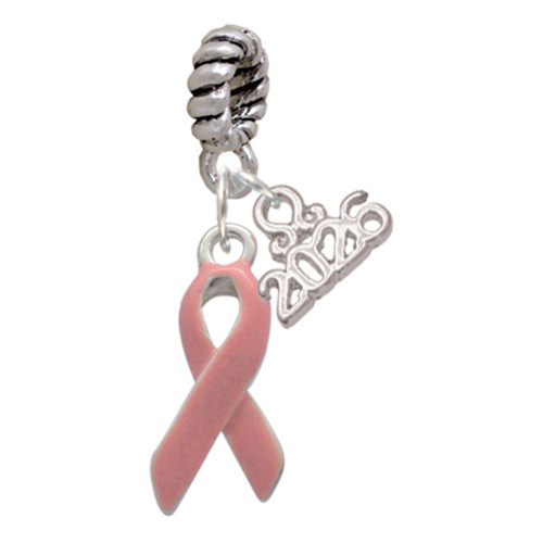 Silver Plated Pink Ribbon - Silver Plated Twist Rope Bead Charm Dangle with Mini Year 2026: Year to Remember Jewelry Gift - Celebrations