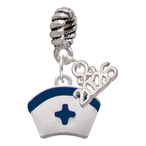 Silver Plated Nurse Hat with Blue Cross - Silver Plated Twist Rope Bead Charm Dangle with Mini Year 2026: Year to Remember Jewelry Gift - Celebrations