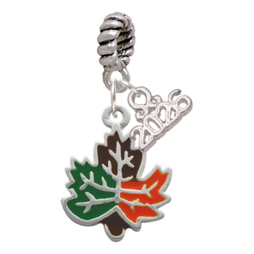 Silver Plated Large Enamel Fall Leaf - Silver Plated Twist Rope Bead Charm Dangle with Mini Year 2026: Year to Remember Jewelry Gift - Celebrations