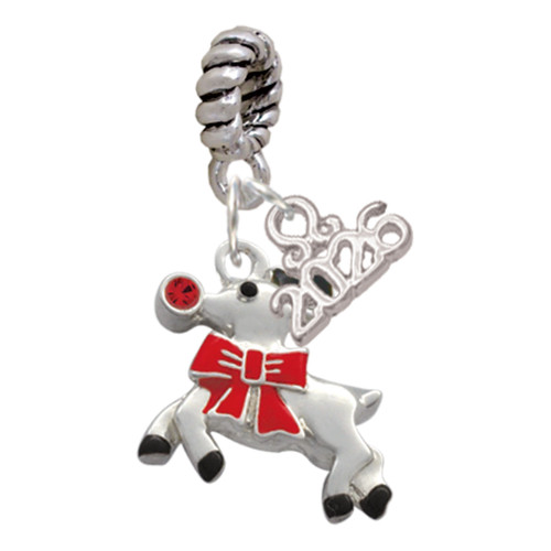 Silver Plated Reindeer with Red Crystal - Silver Plated Twist Rope Bead Charm Dangle with Mini Year 2026: Year to Remember Jewelry Gift - Celebrations