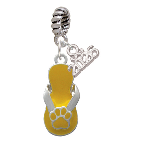 Silver Plated Yellow Paw Flip Flop - Silver Plated Twist Rope Bead Charm Dangle with Mini Year 2026: Year to Remember Jewelry Gift - Celebrations