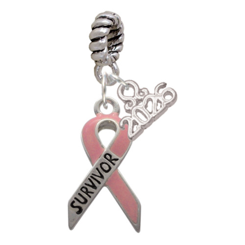 Silver Plated Pink Ribbon ''Survivor'' - Silver Plated Twist Rope Bead Charm Dangle with Mini Year 2026: Year to Remember Jewelry Gift - Celebrations