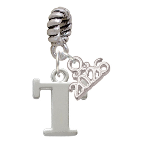 Silver Plated Large Initial - T - Silver Plated Twist Rope Bead Charm Dangle with Mini Year 2026: Year to Remember Jewelry Gift - Celebrations