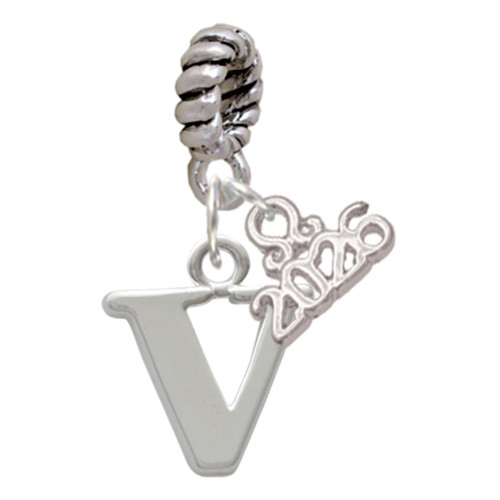 Silver Plated Large Initial - V - Silver Plated Twist Rope Bead Charm Dangle with Mini Year 2026: Year to Remember Jewelry Gift - Celebrations