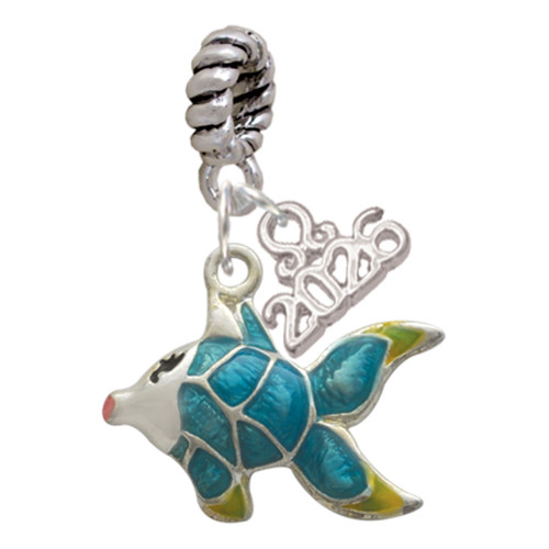 Silver Plated Blue Tropical Fish with Yellow Fins - Silver Plated Twist Rope Bead Charm Dangle with Mini Year 2026: Year to Remember Jewelry Gift - Celebrations