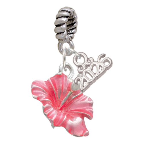 Silver Plated Hot Pink Hibiscus Flower - Silver Plated Twist Rope Bead Charm Dangle with Mini Year 2026: Year to Remember Jewelry Gift - Celebrations
