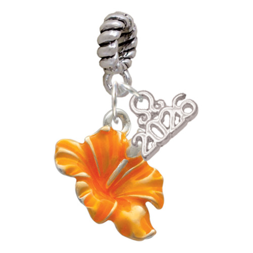 Silver Plated Hot Orange Hibiscus Flower - Silver Plated Twist Rope Bead Charm Dangle with Mini Year 2026: Year to Remember Jewelry Gift - Celebrations