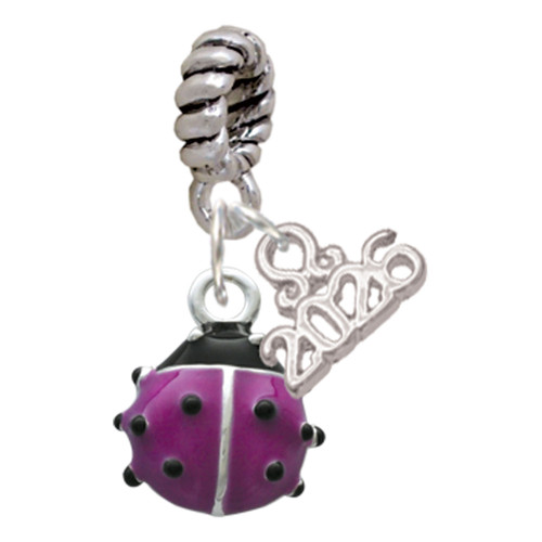 Silver Plated Mini Hot Purple Enamel Ladybug - Silver Plated Twist Rope Bead Charm Dangle with Mini Year 2026: Year to Remember Jewelry Gift - Celebrations