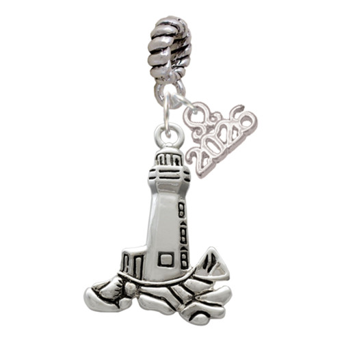 Silver Plated Antiqued Lighthouse - Silver Plated Twist Rope Bead Charm Dangle with Mini Year 2026: Year to Remember Jewelry Gift - Celebrations