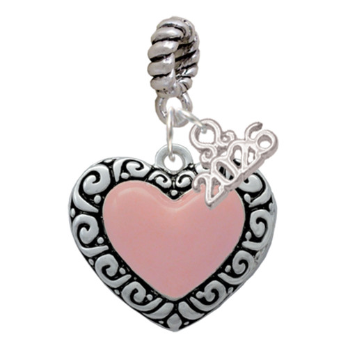 Silver Plated Large Pink Enamel Heart with Swirl Border - Silver Plated Twist Rope Bead Charm Dangle with Mini Year 2026: Year to Remember Jewelry Gift - Celebrations