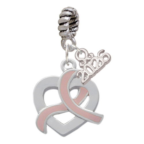 Silver Plated Heart Outline Looping Pink Ribbon - Silver Plated Twist Rope Bead Charm Dangle with Mini Year 2026: Year to Remember Jewelry Gift - Celebrations