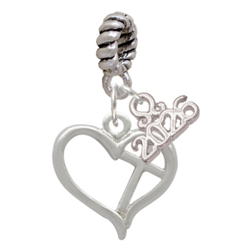 Silver Plated Heart Outline with diagonal Cross - Silver Plated Twist Rope Bead Charm Dangle with Mini Year 2026: Year to Remember Jewelry Gift - Celebrations