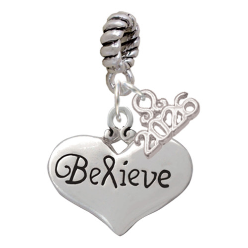 Silver Plated Large Believe with Ribbon Heart - Silver Plated Twist Rope Bead Charm Dangle with Mini Year 2026: Year to Remember Jewelry Gift - Celebrations