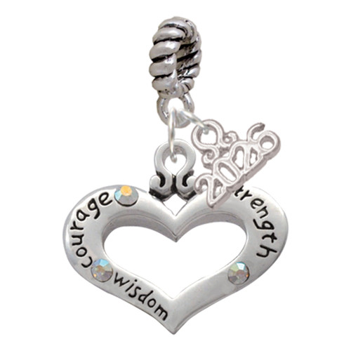 Silver Plated Heart with 3 AB Crystals - Courage Strength Wisdom - Silver Plated Twist Rope Bead Charm Dangle with Mini Year 2026: Year to Remember Jewelry Gift - Celebrations
