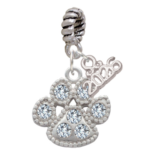 Silver Plated Large Paw with Clear Crystals - Silver Plated Twist Rope Bead Charm Dangle with Mini Year 2026: Year to Remember Jewelry Gift - Celebrations