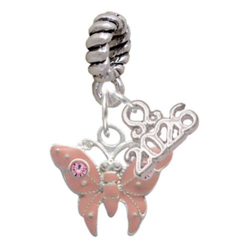 Silver Plated Pink Butterfly with 2 Pink Crystals - Silver Plated Twist Rope Bead Charm Dangle with Mini Year 2026: Year to Remember Jewelry Gift - Celebrations