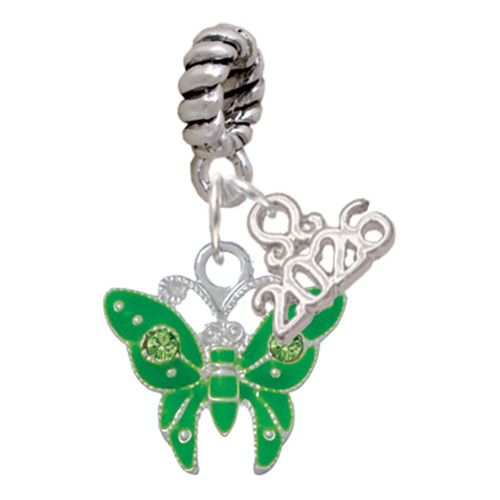 Silver Plated Lime Green Butterfly with 2 Lime Green Crystals - Silver Plated Twist Rope Bead Charm Dangle with Mini Year 2026: Year to Remember Jewelry Gift - Celebrations