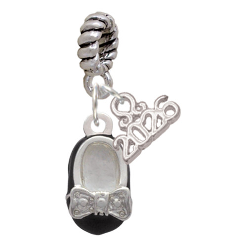 Silver Plated Black Enamel Baby Shoe with Bow - Silver Plated Twist Rope Bead Charm Dangle with Mini Year 2026: Year to Remember Jewelry Gift - Celebrations
