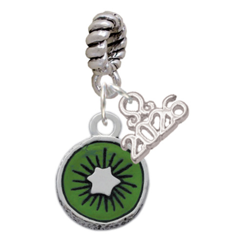 Silver Plated 3-D Green Enamel Kiwi - Silver Plated Twist Rope Bead Charm Dangle with Mini Year 2026: Year to Remember Jewelry Gift - Celebrations