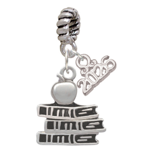 Silver Plated Antiqued School Books with an Apple - Silver Plated Twist Rope Bead Charm Dangle with Mini Year 2026: Year to Remember Jewelry Gift - Celebrations