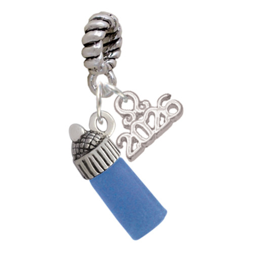 Silver Plated 3-D Blue Baby Bottle - Silver Plated Twist Rope Bead Charm Dangle with Mini Year 2026: Year to Remember Jewelry Gift - Celebrations