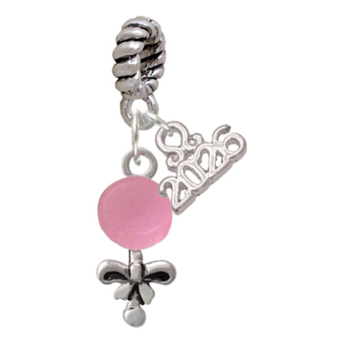 Silver Plated Pink Baby Rattle - Silver Plated Twist Rope Bead Charm Dangle with Mini Year 2026: Year to Remember Jewelry Gift - Celebrations
