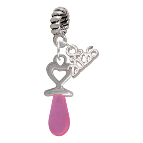 Silver Plated 3-D Pink Baby Pacifier - Silver Plated Twist Rope Bead Charm Dangle with Mini Year 2026: Year to Remember Jewelry Gift - Celebrations