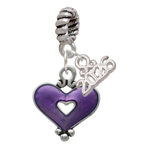 Silver Plated Hot Purple Enamel Heart with Cutout - Silver Plated Twist Rope Bead Charm Dangle with Mini Year 2026: Year to Remember Jewelry Gift - Celebrations