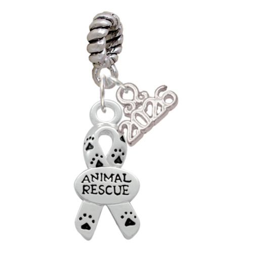 Silver Plated Small Paw Print Ribbon ''Animal Rescue'' - Silver Plated Twist Rope Bead Charm Dangle with Mini Year 2026: Year to Remember Jewelry Gift - Celebrations