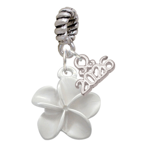 Silver Plated White Plumeria Flower - Silver Plated Twist Rope Bead Charm Dangle with Mini Year 2026: Year to Remember Jewelry Gift - Celebrations