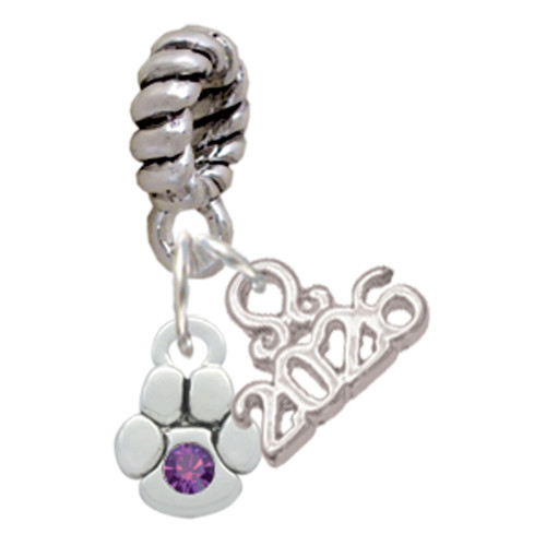 Silver Plated Mini Paw with Purple Crystal - Silver Plated Twist Rope Bead Charm Dangle with Mini Year 2026: Year to Remember Jewelry Gift - Celebrations