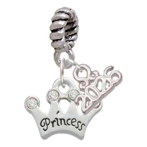 Silver Plated Small ''Princess'' Crown with Clear Crystals - Silver Plated Twist Rope Bead Charm Dangle with Mini Year 2026: Year to Remember Jewelry Gift - Celebrations