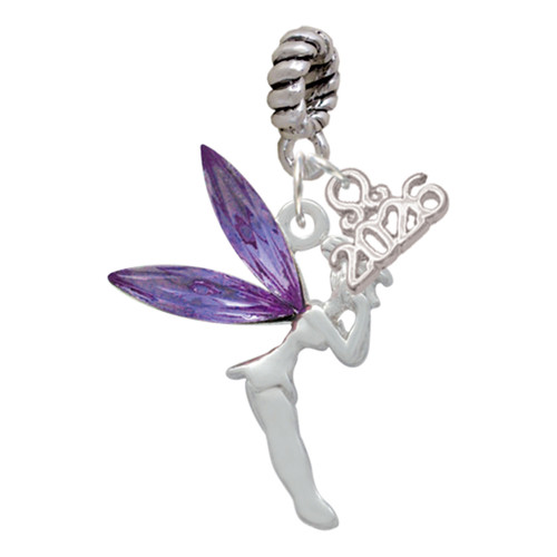 Silver Plated Large Fairy with Purple Wings - Silver Plated Twist Rope Bead Charm Dangle with Mini Year 2026: Year to Remember Jewelry Gift - Celebrations