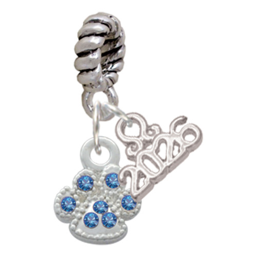 Silver Plated Mini Paw with Blue Crystals - Silver Plated Twist Rope Bead Charm Dangle with Mini Year 2026: Year to Remember Jewelry Gift - Celebrations