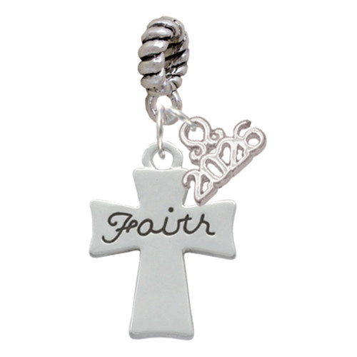 Silver Plated Faith Flat Cross - Silver Plated Twist Rope Bead Charm Dangle with Mini Year 2026: Year to Remember Jewelry Gift - Celebrations