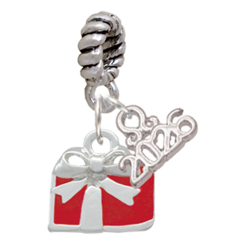 Silver Plated Small Red Enamel Present - Silver Plated Twist Rope Bead Charm Dangle with Mini Year 2026: Year to Remember Jewelry Gift - Celebrations