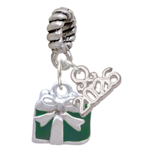Silver Plated Small Green Enamel Present - Silver Plated Twist Rope Bead Charm Dangle with Mini Year 2026: Year to Remember Jewelry Gift - Celebrations