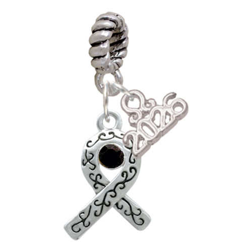 Silver Plated Scroll Ribbon with Black Crystal - Silver Plated Twist Rope Bead Charm Dangle with Mini Year 2026: Year to Remember Jewelry Gift - Celebrations