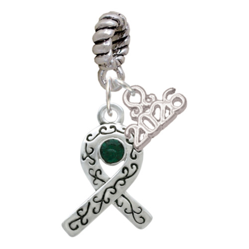 Silver Plated Scroll Ribbon with Green Crystal - Silver Plated Twist Rope Bead Charm Dangle with Mini Year 2026: Year to Remember Jewelry Gift - Celebrations