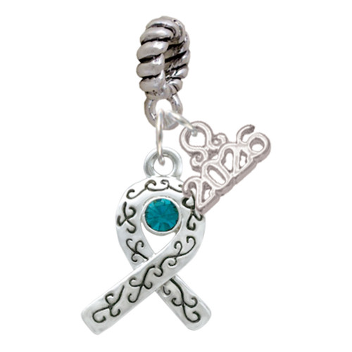 Silver Plated Scroll Ribbon with Teal Crystal - Silver Plated Twist Rope Bead Charm Dangle with Mini Year 2026: Year to Remember Jewelry Gift - Celebrations